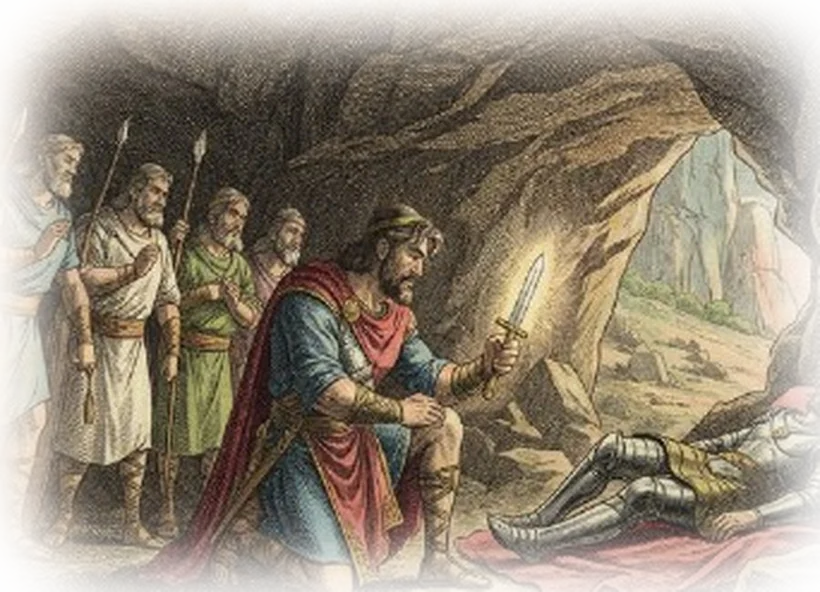 Illustration from the guide: David kneeling beside the sleeping Saul in the cave, sparing his life