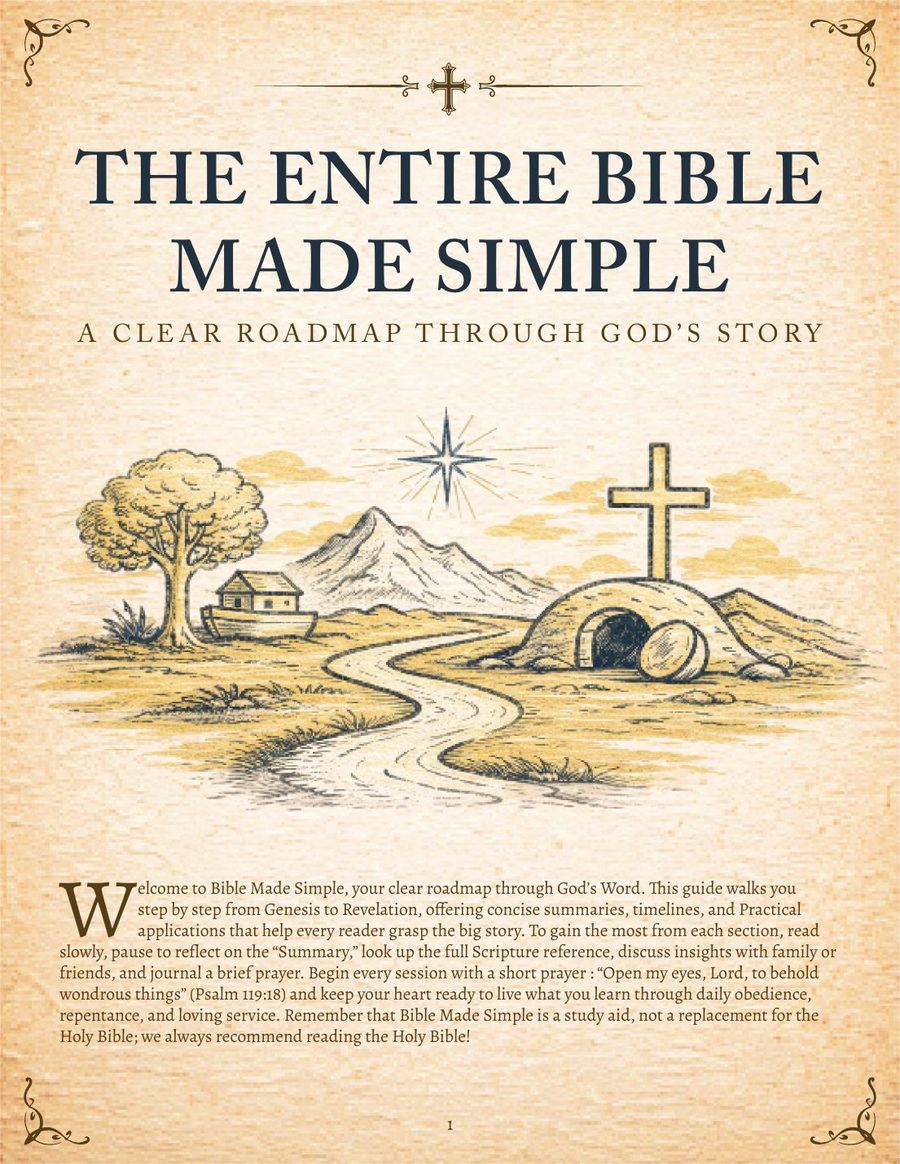 The Genesis page from The Bible Made Simple, with illustrated characters, summary, key themes and key verses