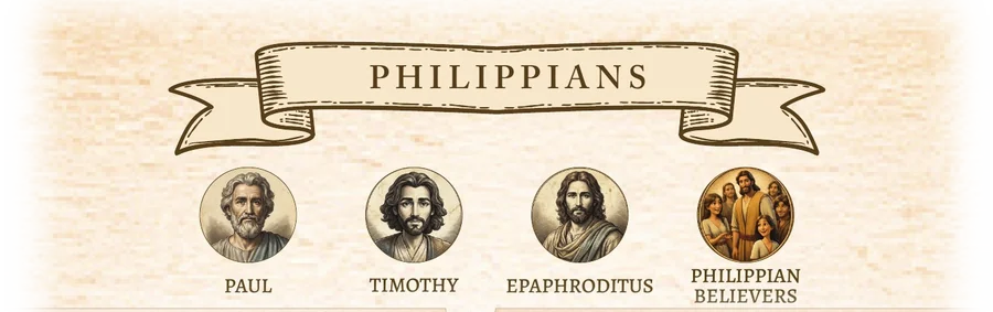 The Philippians page header with illustrated portraits of Paul, Timothy, Epaphroditus and the Philippian believers